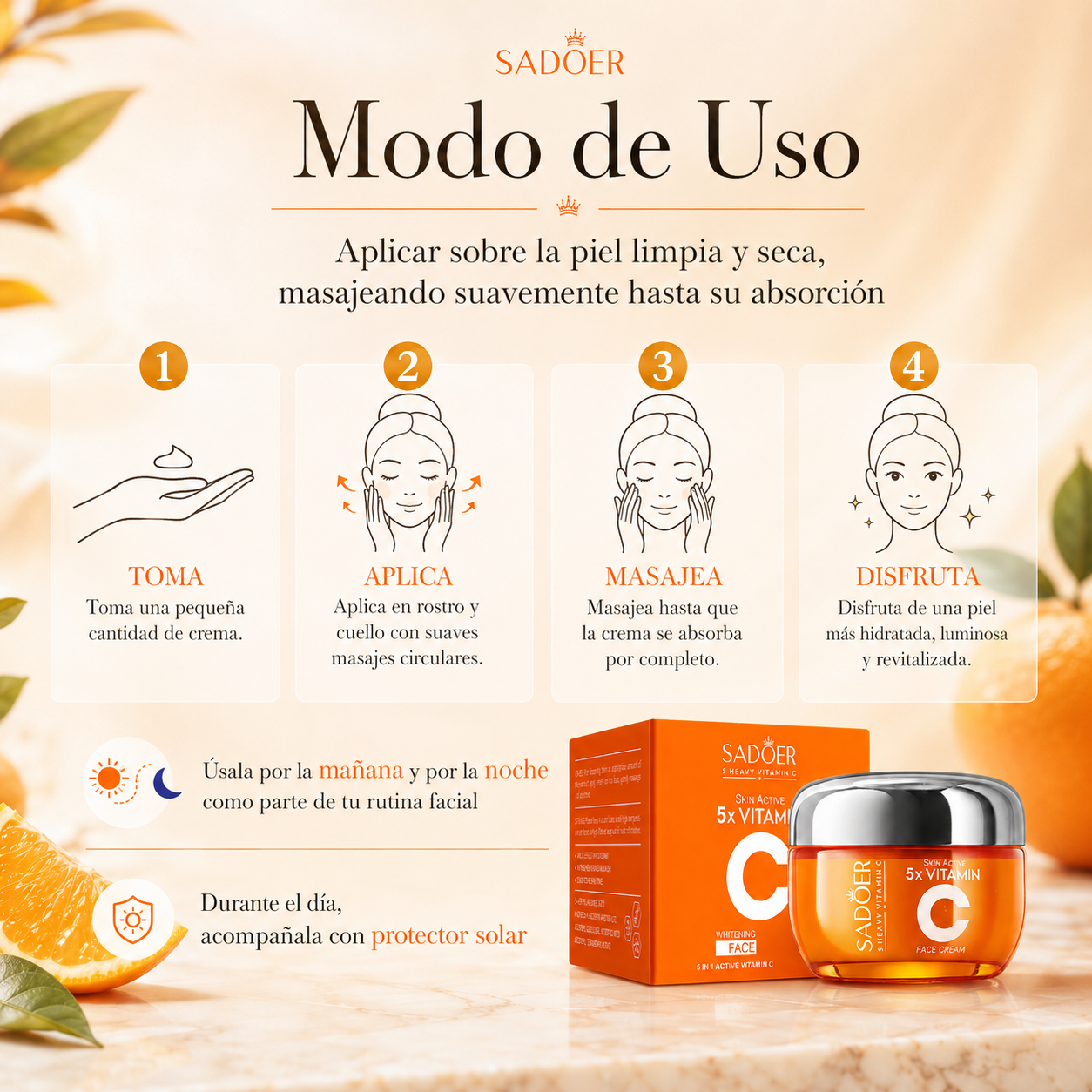 Crema Facial SADOER 5x Vitamin C 50 ml | Vitamina C + Niacinamida para Piel Luminosa e Hidratada
