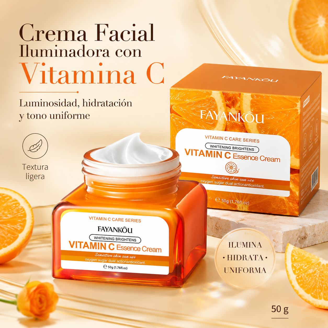 Crema Facial FAYANKOU con Vitamina C 50g | Hidratación, Luminosidad y Tono Uniforme