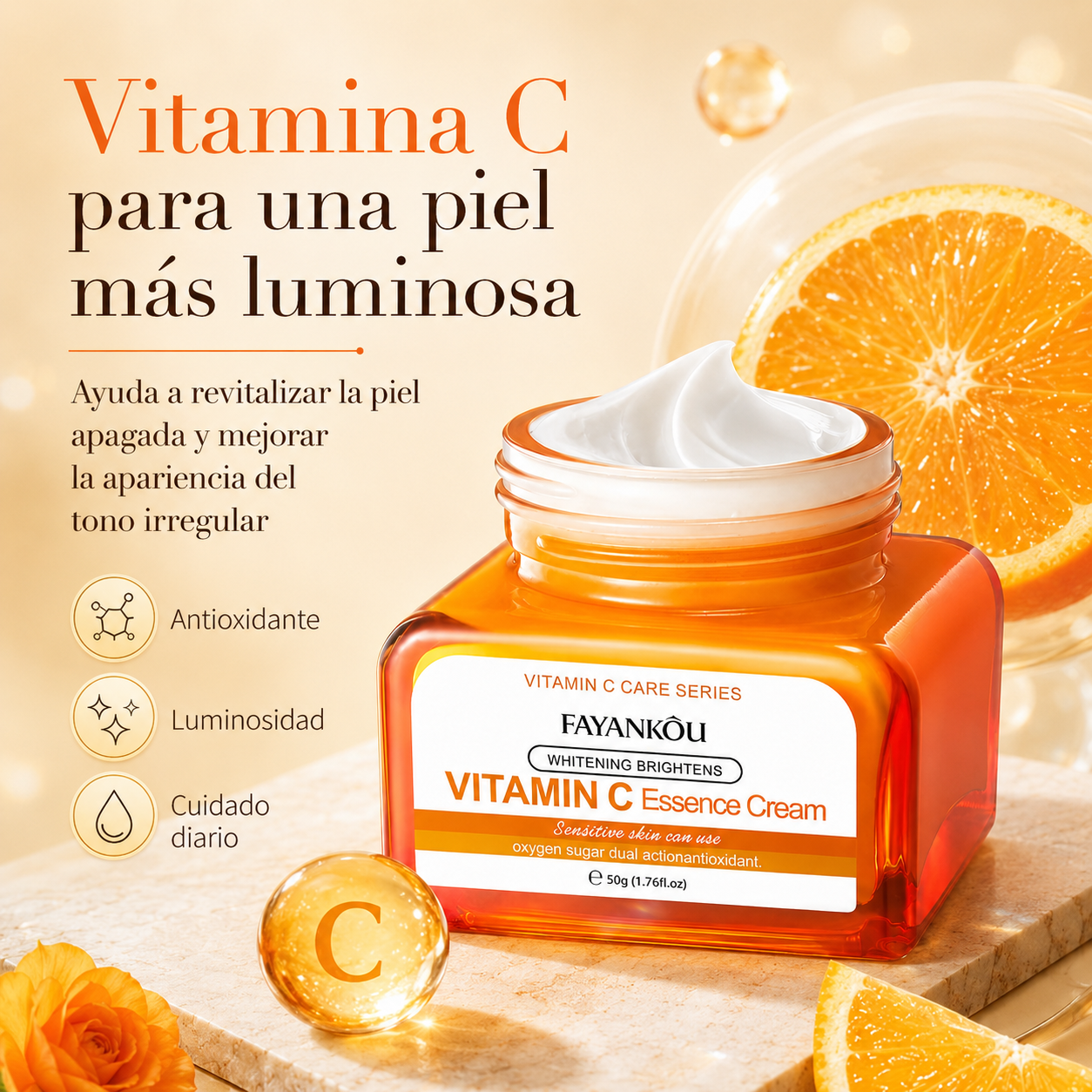 Crema Facial FAYANKOU con Vitamina C 50g | Hidratación, Luminosidad y Tono Uniforme