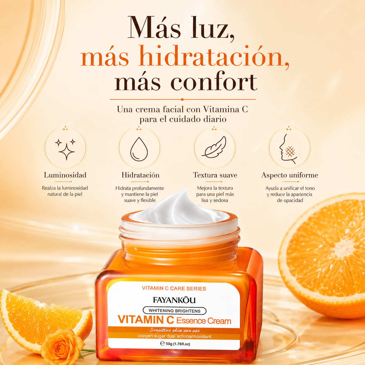 Crema Facial FAYANKOU con Vitamina C 50g | Hidratación, Luminosidad y Tono Uniforme