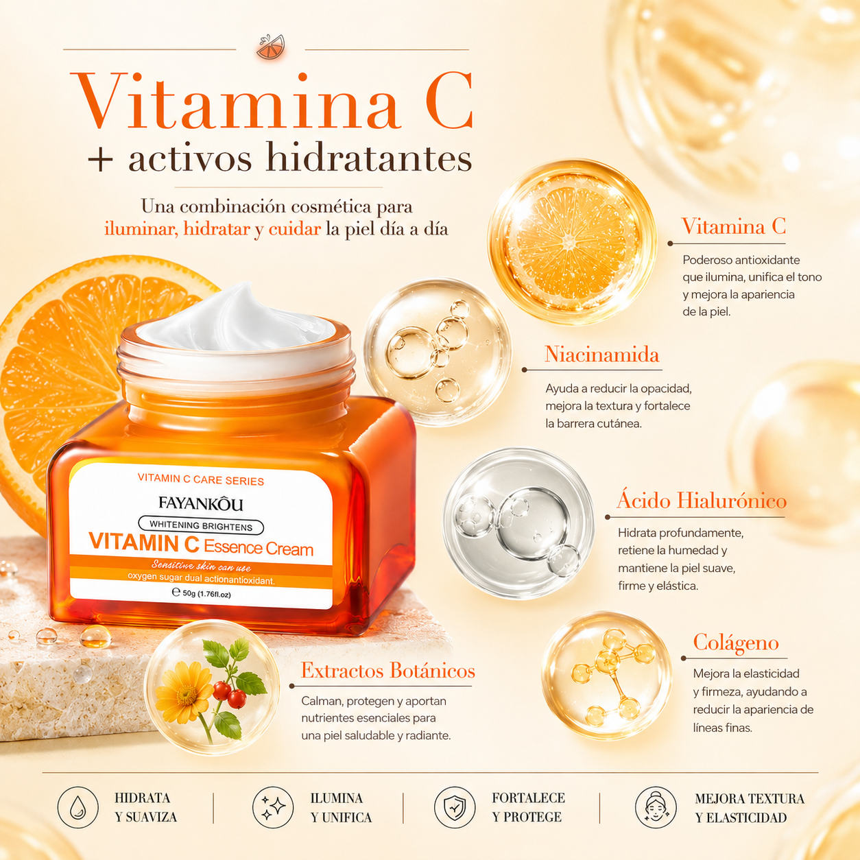 Crema Facial FAYANKOU con Vitamina C 50g | Hidratación, Luminosidad y Tono Uniforme