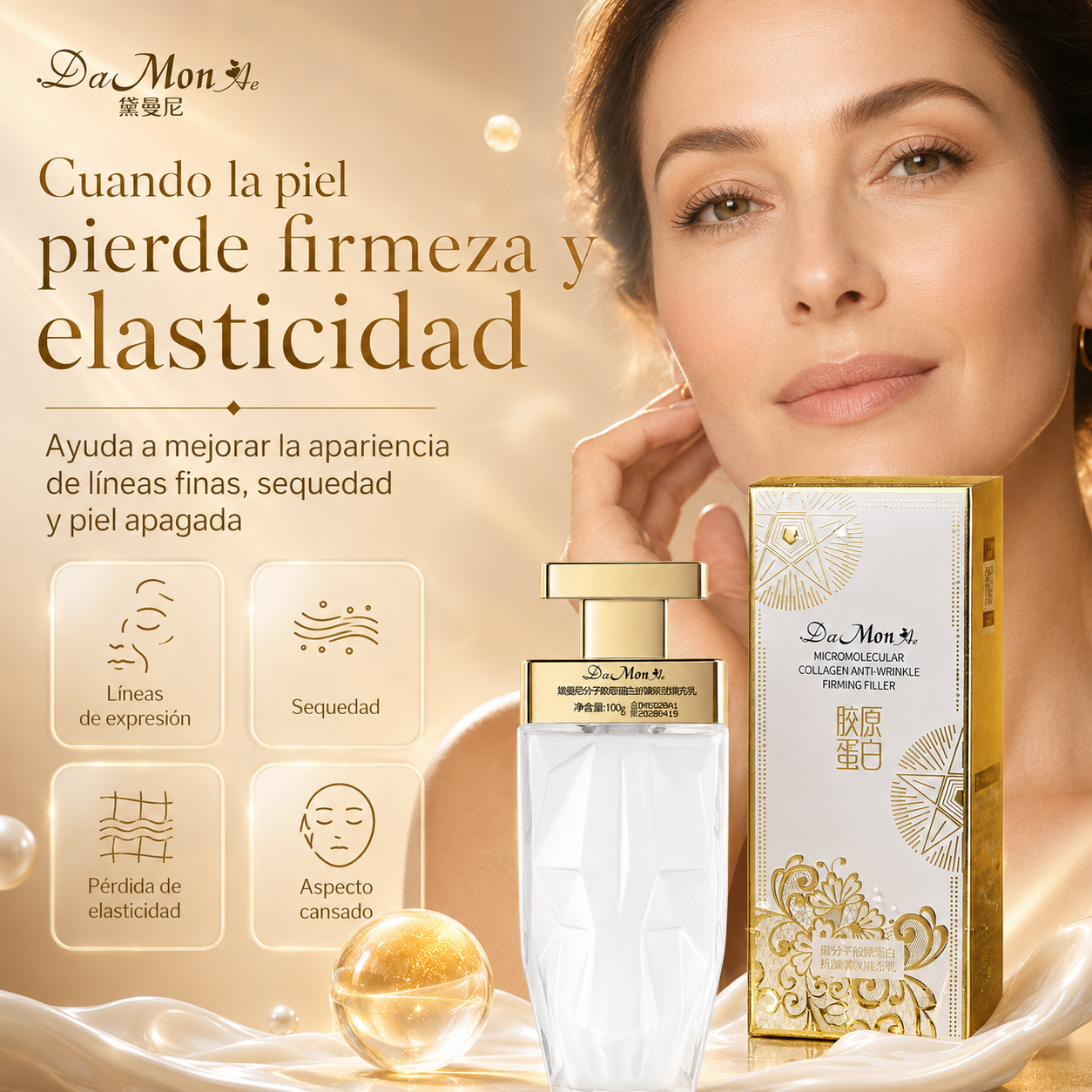 Crema Facial DaMonAe con Colágeno Micromolecular 100g | Antiarrugas, Reafirmante e Hidratante Intensiva