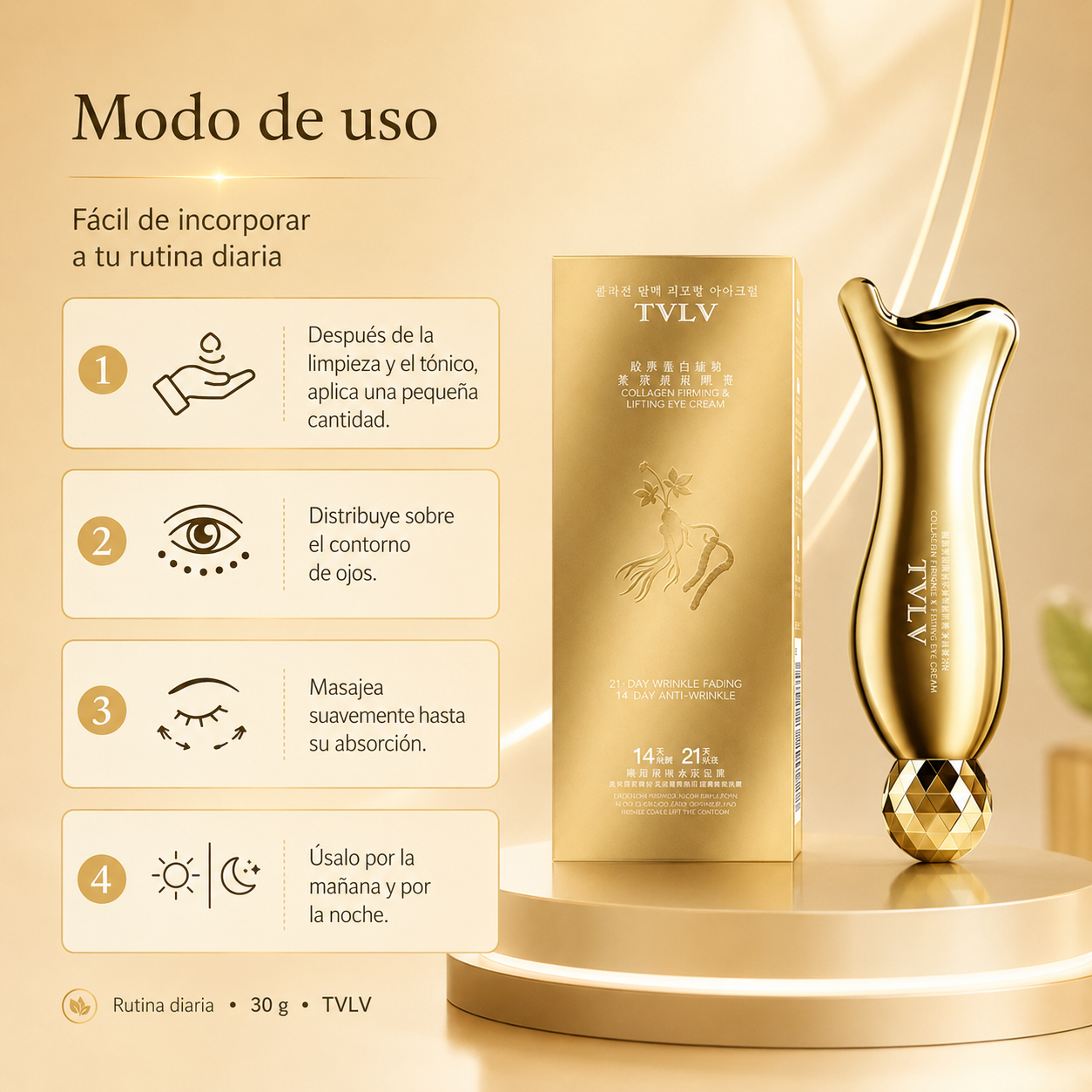 TVLV Crema Reafirmante y Lifting para Contorno de Ojos con Colágeno, Ginseng y Extractos Botánicos — 30 g
