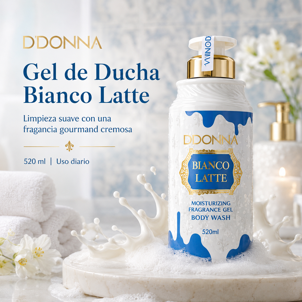 Gel de Ducha D’DONNA Bianco Latte 520 ml | Limpieza Suave, Espuma Cremosa y Fragancia Gourmand Lactada