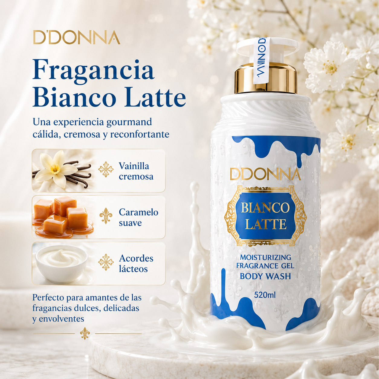 Gel de Ducha D’DONNA Bianco Latte 520 ml | Limpieza Suave, Espuma Cremosa y Fragancia Gourmand Lactada