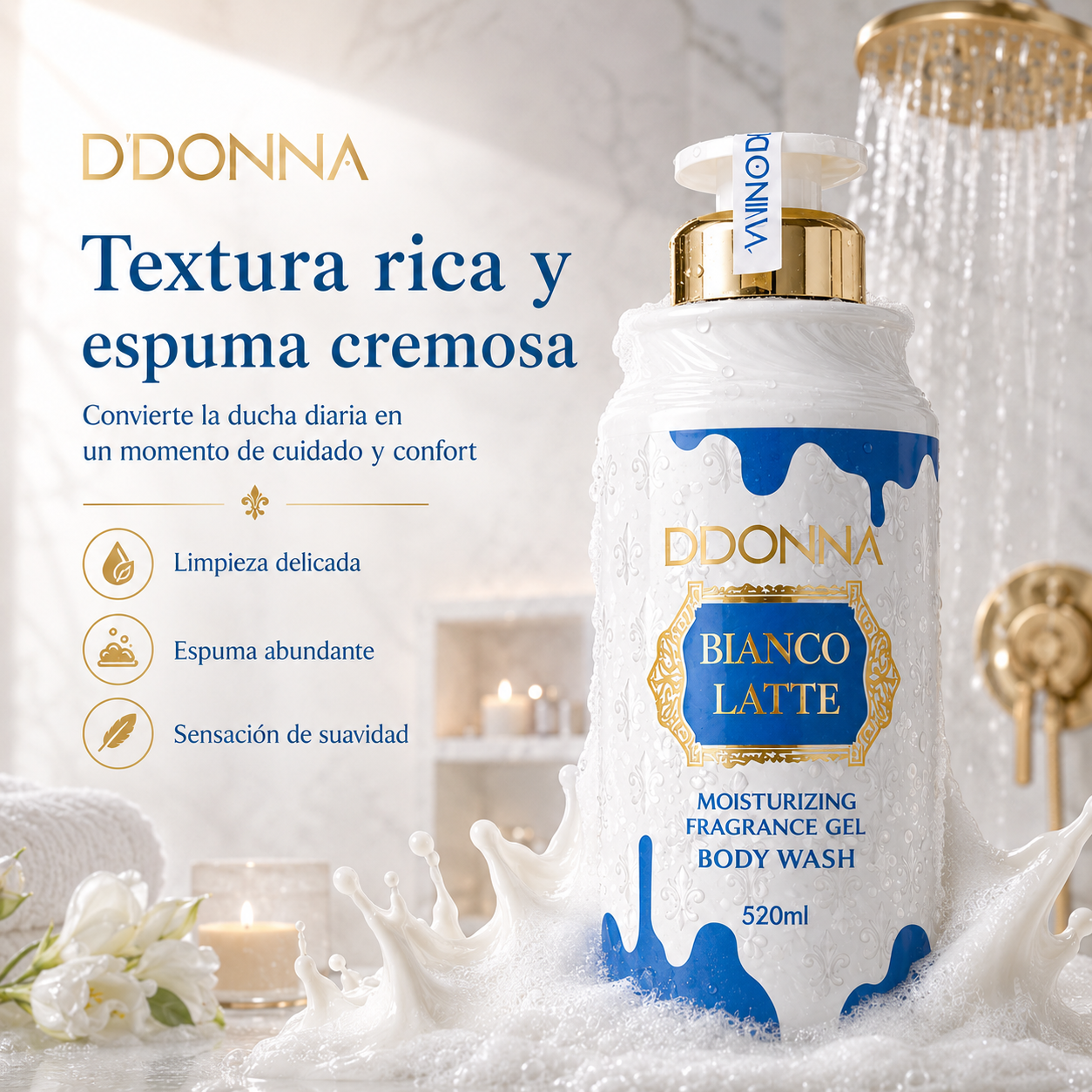 Gel de Ducha D’DONNA Bianco Latte 520 ml | Limpieza Suave, Espuma Cremosa y Fragancia Gourmand Lactada