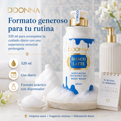 Gel de Ducha D’DONNA Bianco Latte 520 ml | Limpieza Suave, Espuma Cremosa y Fragancia Gourmand Lactada