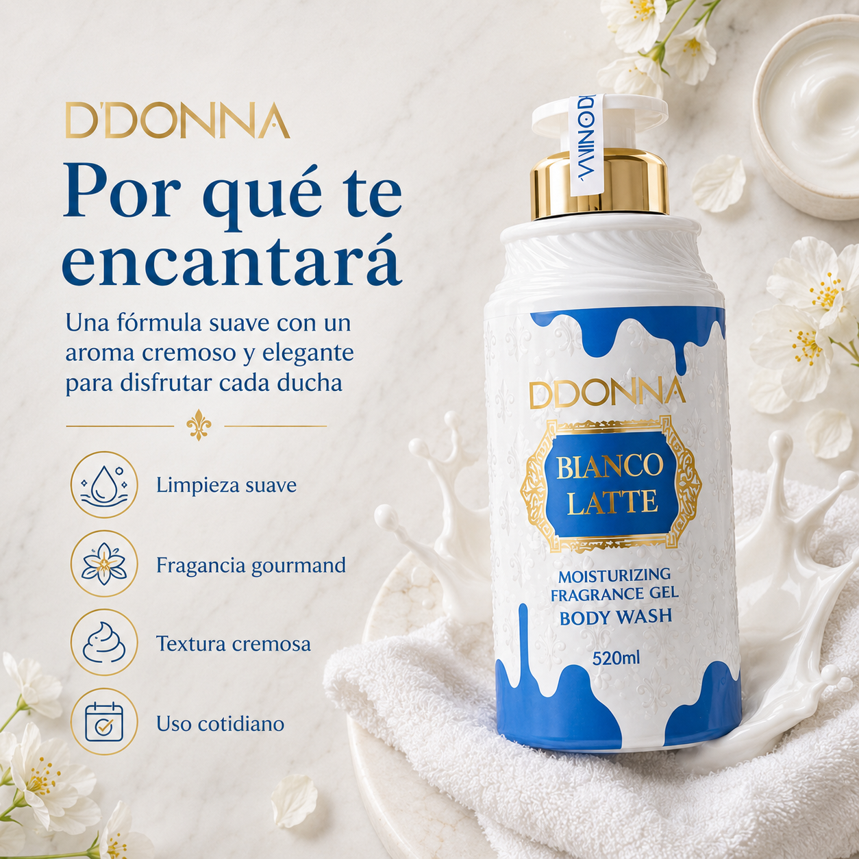 Gel de Ducha D’DONNA Bianco Latte 520 ml | Limpieza Suave, Espuma Cremosa y Fragancia Gourmand Lactada