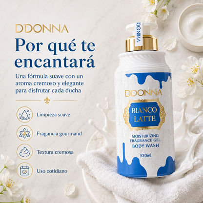 Gel de Ducha D’DONNA Bianco Latte 520 ml | Limpieza Suave, Espuma Cremosa y Fragancia Gourmand Lactada