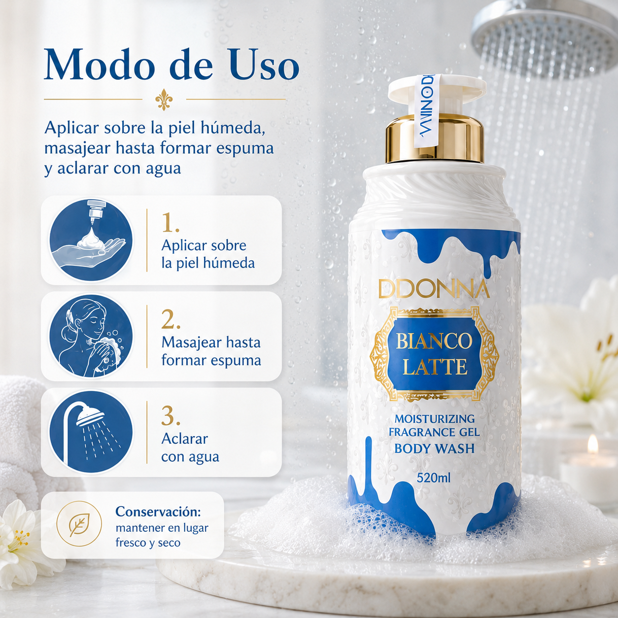 Gel de Ducha D’DONNA Bianco Latte 520 ml | Limpieza Suave, Espuma Cremosa y Fragancia Gourmand Lactada