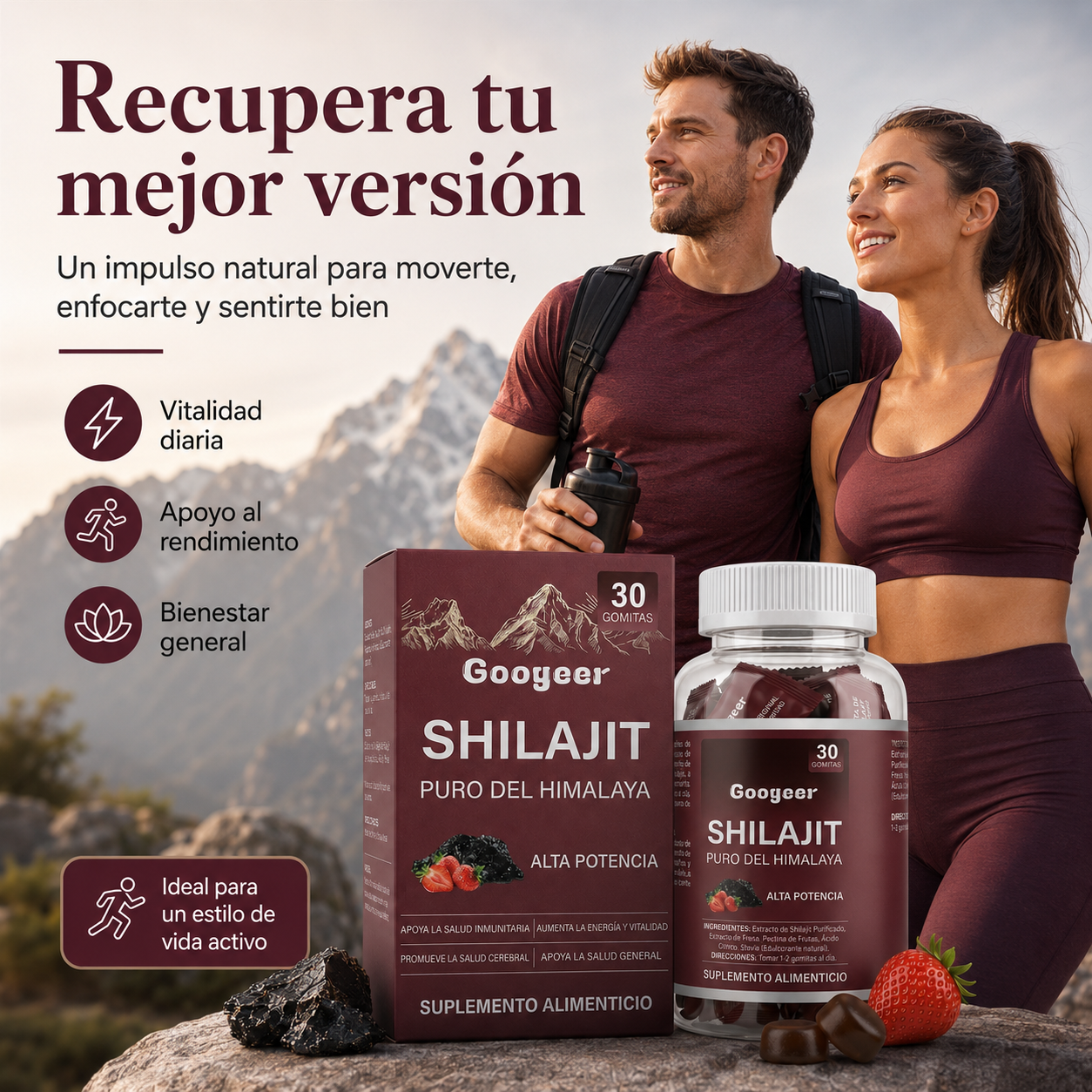 Gomitas de Shilajit Puro del Himalaya Googeer – Alta Potencia para Energía, Vitalidad, Enfoque Mental y Bienestar Diario | 30 Gomitas