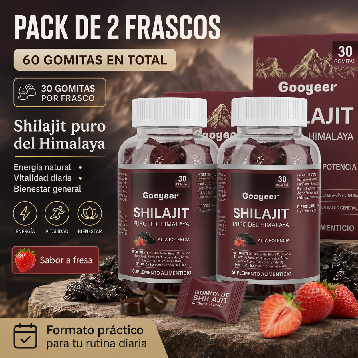 Gomitas de Shilajit Puro del Himalaya Googeer – Alta Potencia para Energía, Vitalidad, Enfoque Mental y Bienestar Diario | 30 Gomitas