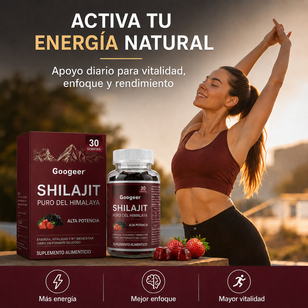 Gomitas de Shilajit Puro del Himalaya Googeer – Alta Potencia para Energía, Vitalidad, Enfoque Mental y Bienestar Diario | 30 Gomitas