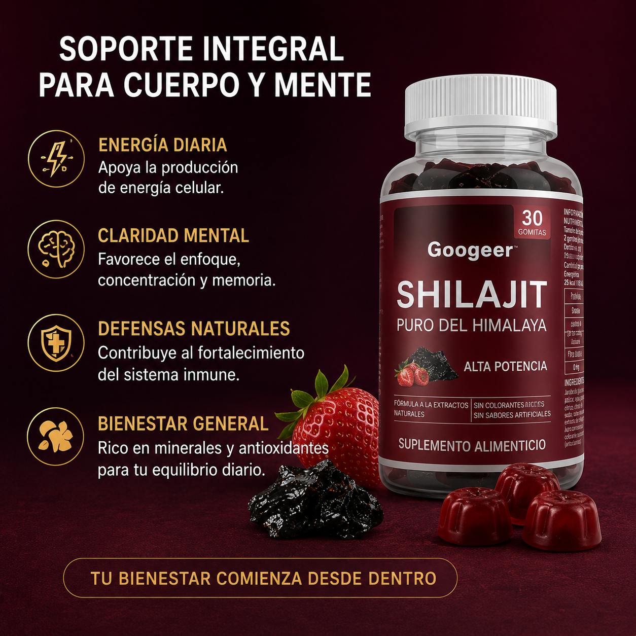 Gomitas de Shilajit Puro del Himalaya Googeer – Alta Potencia para Energía, Vitalidad, Enfoque Mental y Bienestar Diario | 30 Gomitas