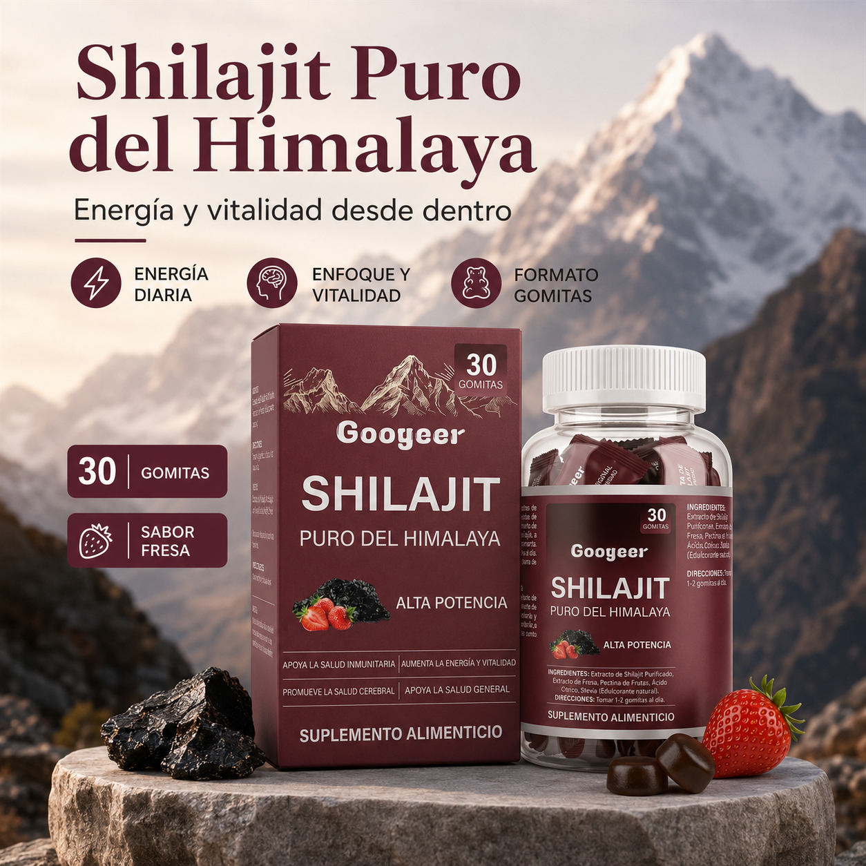 Gomitas de Shilajit Puro del Himalaya Googeer – Alta Potencia para Energía, Vitalidad, Enfoque Mental y Bienestar Diario | 30 Gomitas