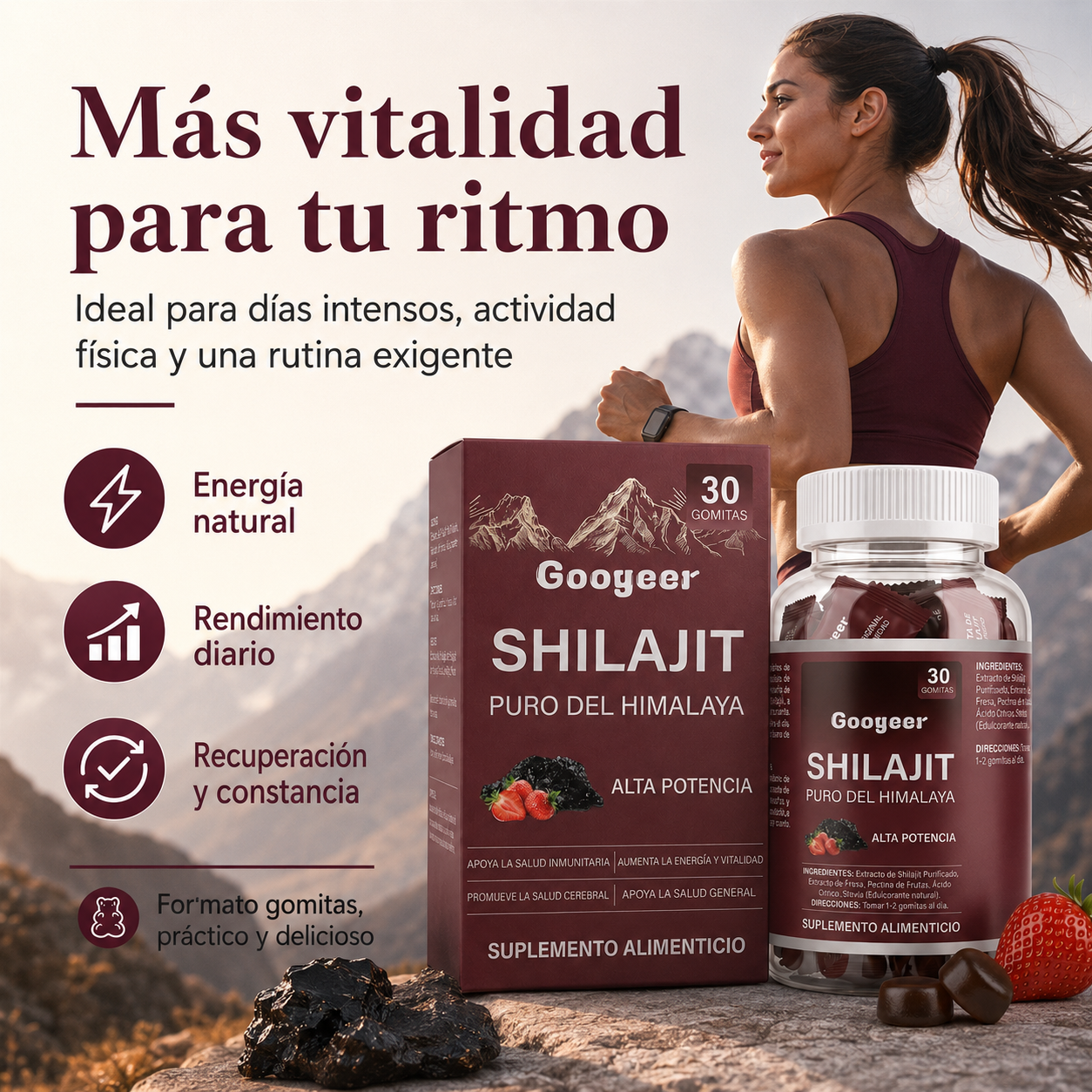 Gomitas de Shilajit Puro del Himalaya Googeer – Alta Potencia para Energía, Vitalidad, Enfoque Mental y Bienestar Diario | 30 Gomitas