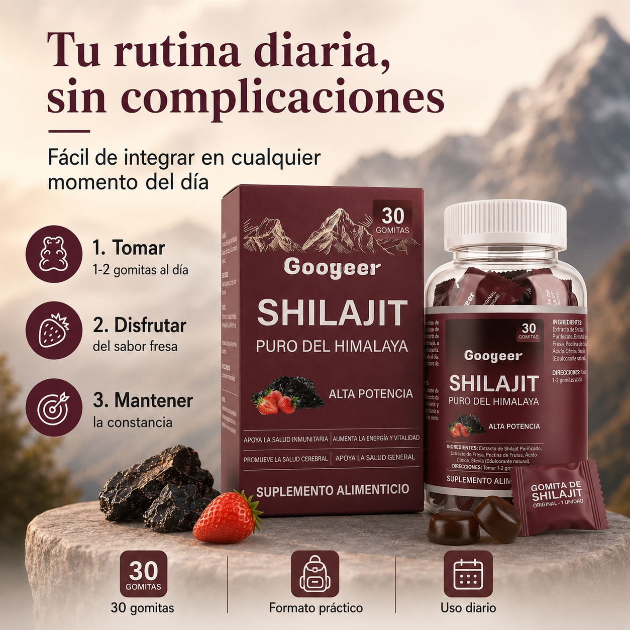 Gomitas de Shilajit Puro del Himalaya Googeer – Alta Potencia para Energía, Vitalidad, Enfoque Mental y Bienestar Diario | 30 Gomitas