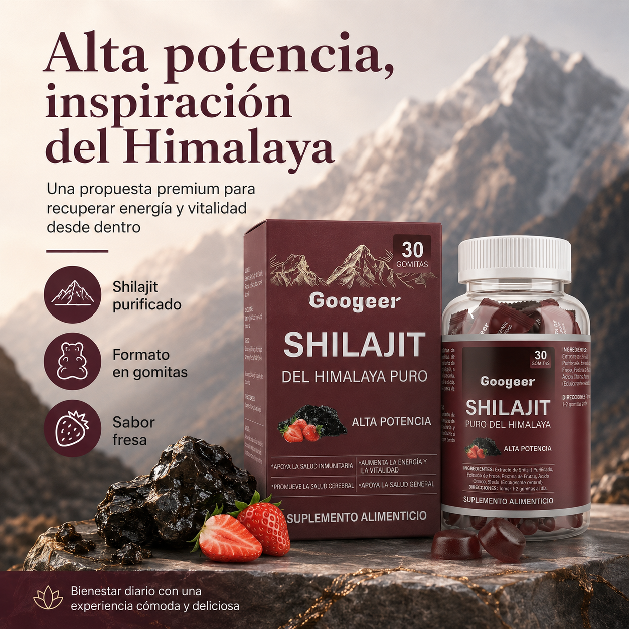 Gomitas de Shilajit Puro del Himalaya Googeer – Alta Potencia para Energía, Vitalidad, Enfoque Mental y Bienestar Diario | 30 Gomitas