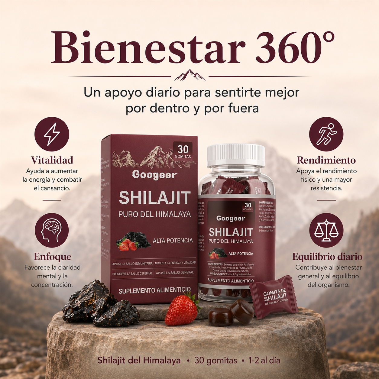 Gomitas de Shilajit Puro del Himalaya Googeer – Alta Potencia para Energía, Vitalidad, Enfoque Mental y Bienestar Diario | 30 Gomitas