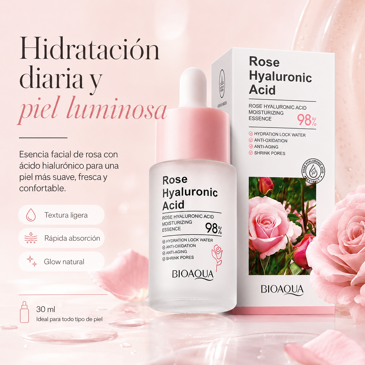 Hidratante de Rosa con Ácido Hialurónico 30 ml | Piel Suave y Luminosa