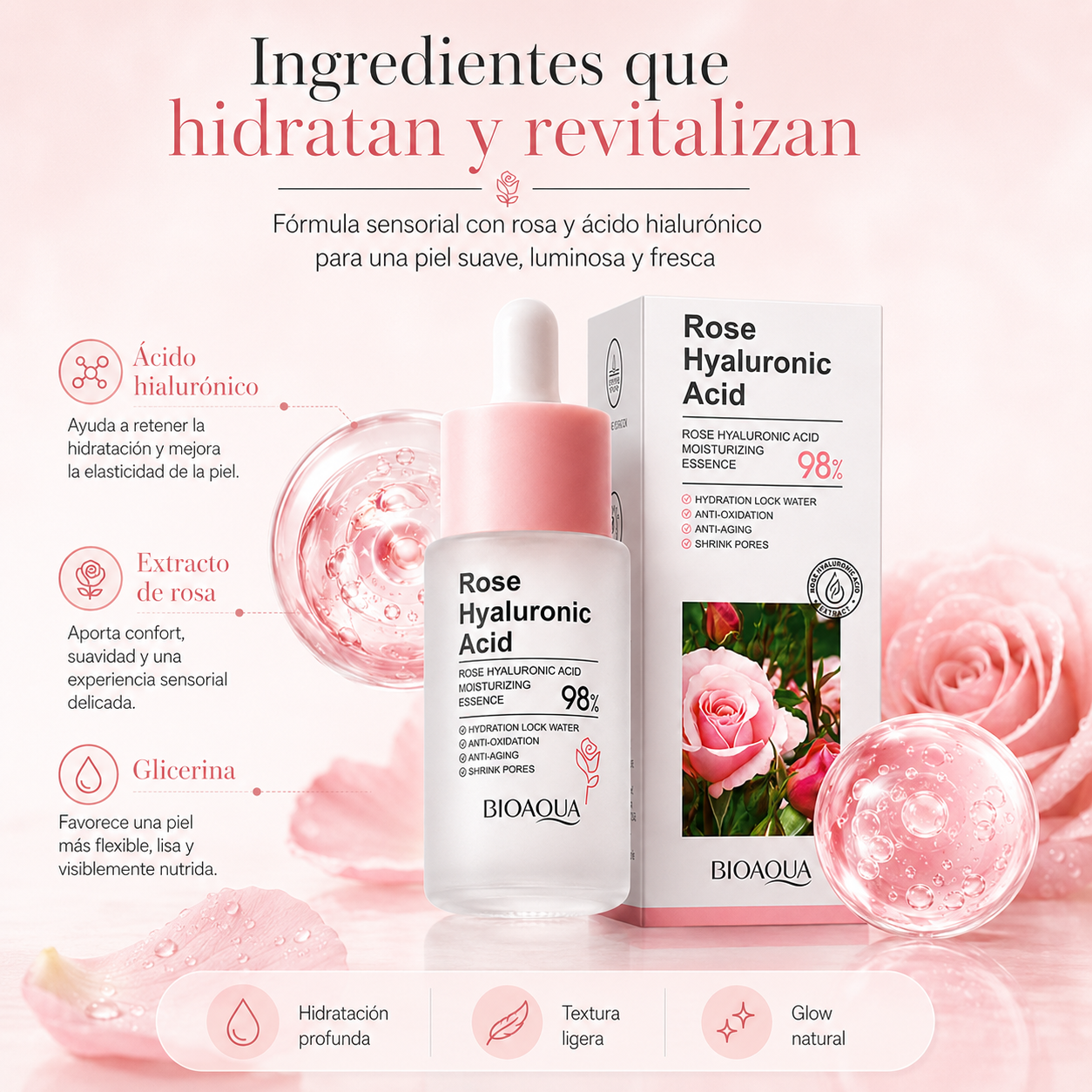 Hidratante de Rosa con Ácido Hialurónico 30 ml | Piel Suave y Luminosa