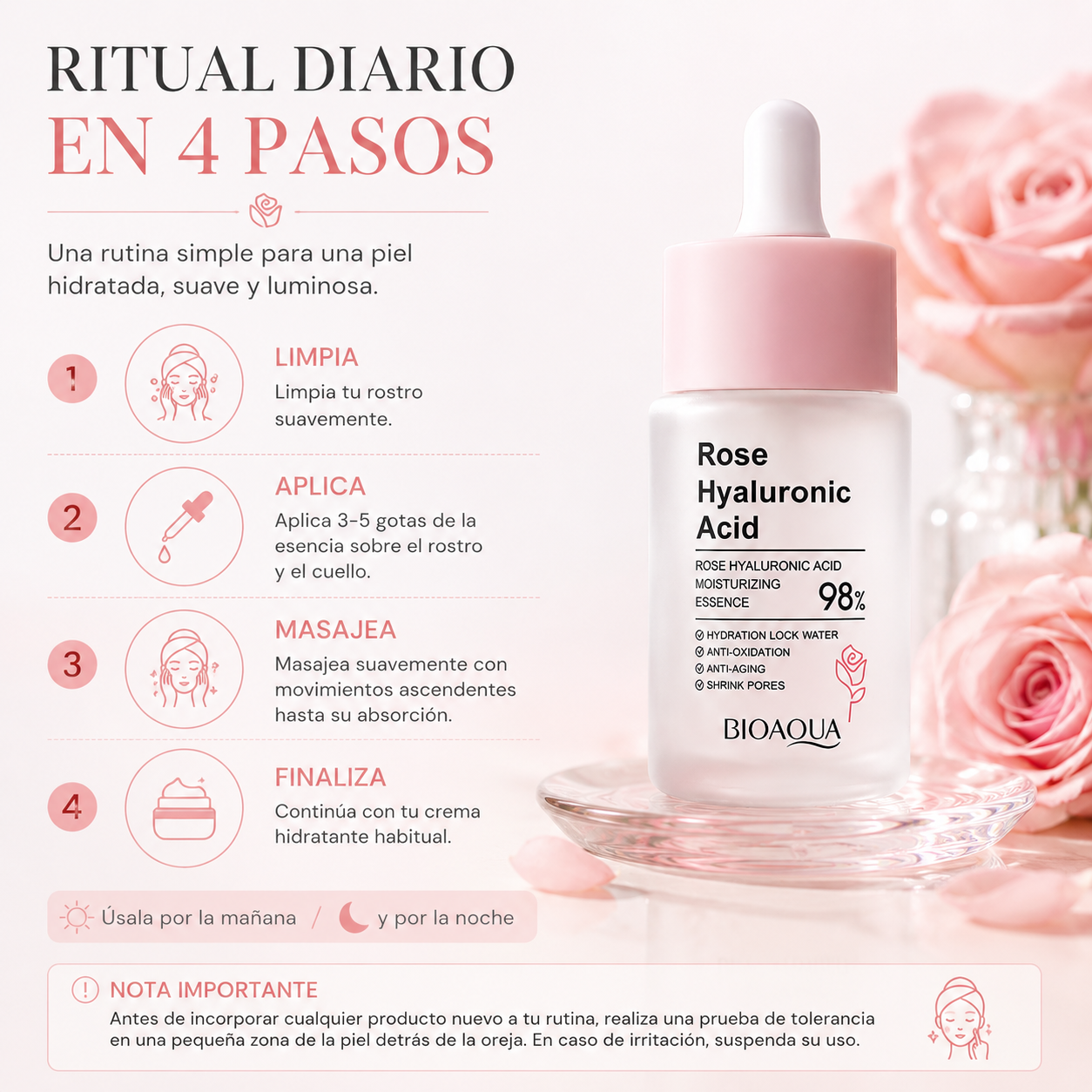 Hidratante de Rosa con Ácido Hialurónico 30 ml | Piel Suave y Luminosa