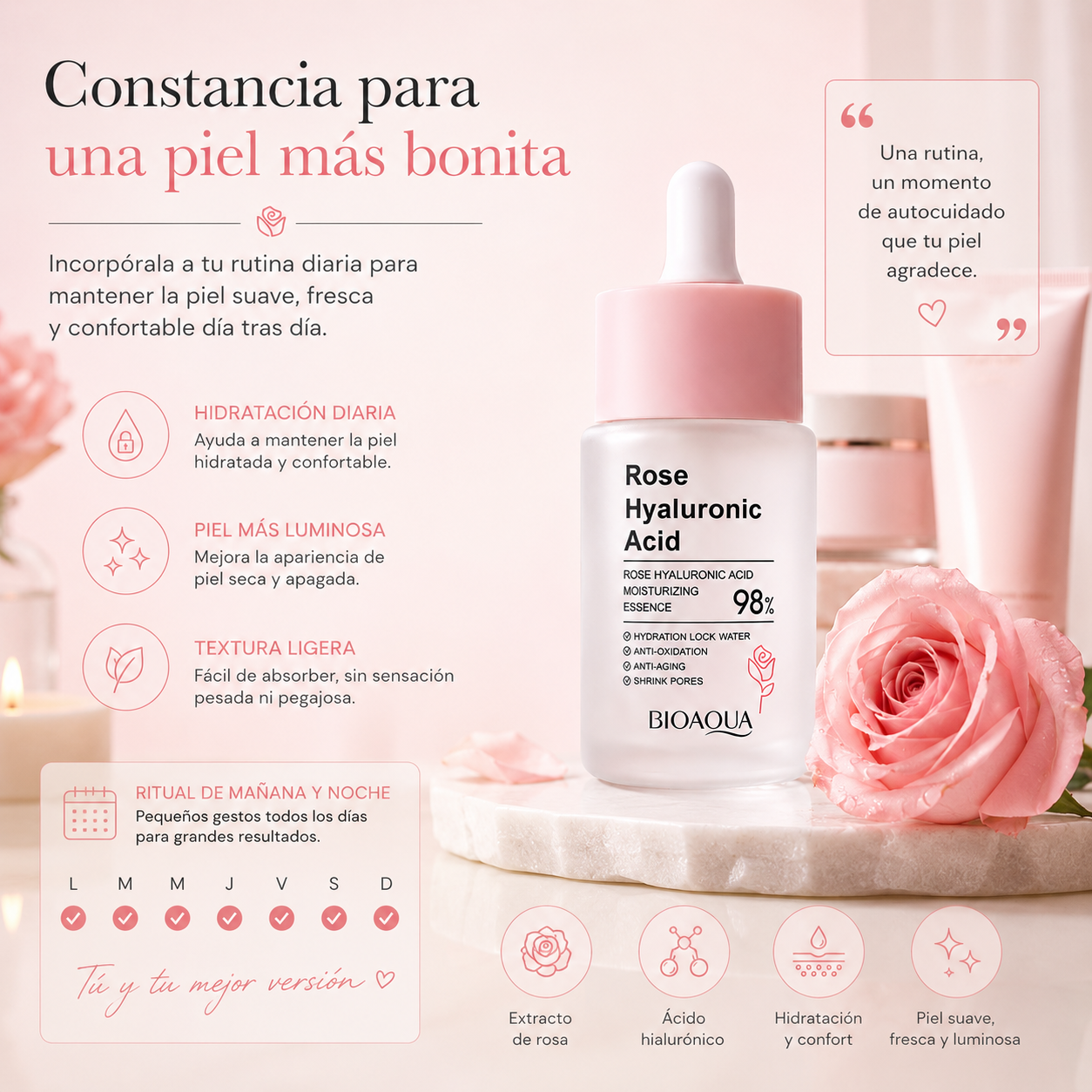 Hidratante de Rosa con Ácido Hialurónico 30 ml | Piel Suave y Luminosa