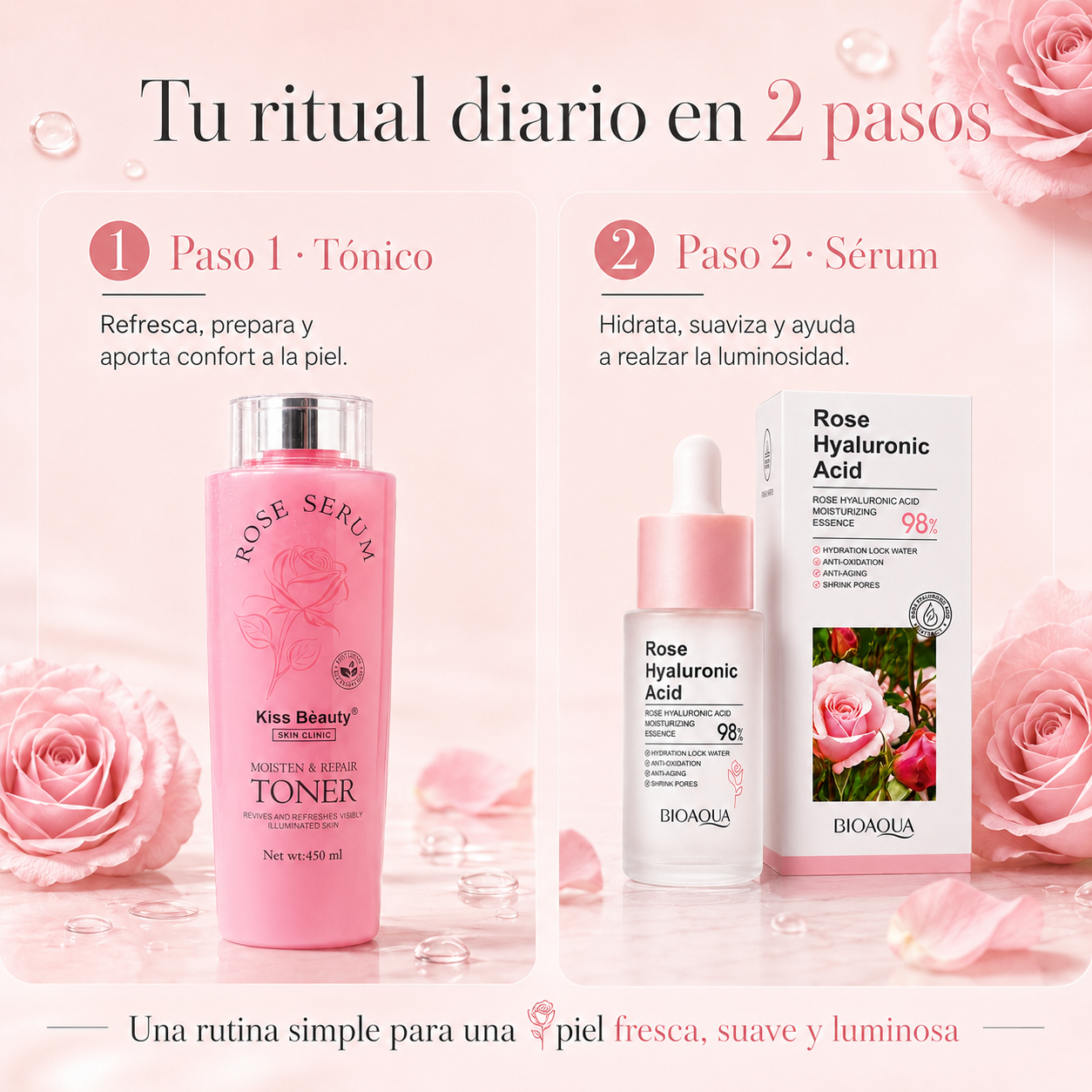 Kit Facial Rosa & Ácido Hialurónico – Tónico + Sérum Hidratante para Piel Luminosa