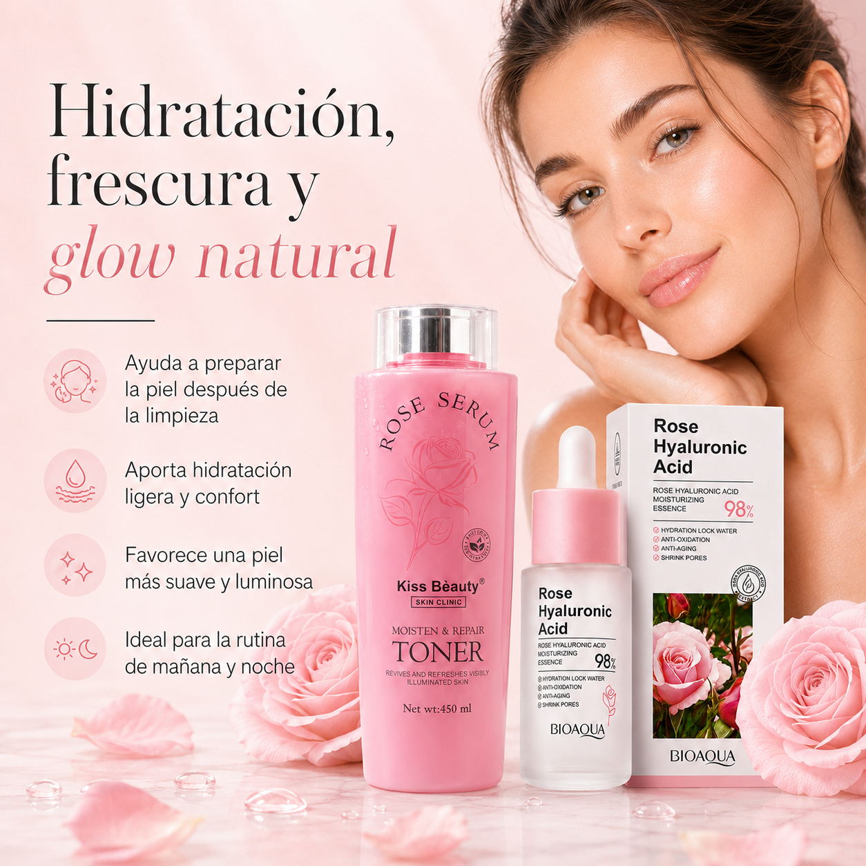 Kit Facial Rosa & Ácido Hialurónico – Tónico + Sérum Hidratante para Piel Luminosa