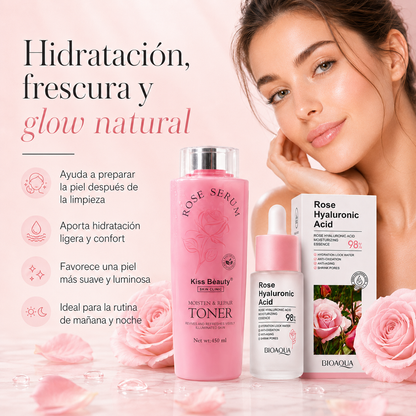 Kit Facial Rosa & Ácido Hialurónico – Tónico + Sérum Hidratante para Piel Luminosa