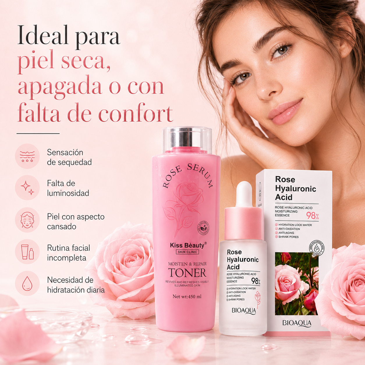 Kit Facial Rosa & Ácido Hialurónico – Tónico + Sérum Hidratante para Piel Luminosa