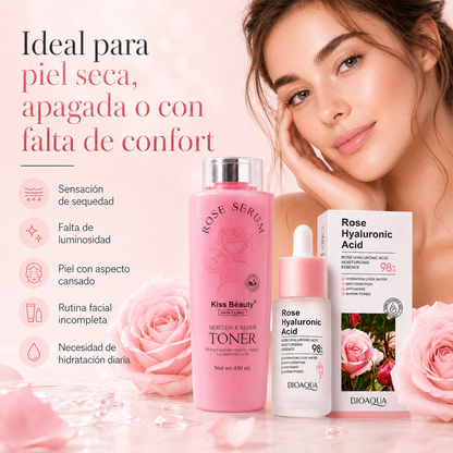 Kit Facial Rosa & Ácido Hialurónico – Tónico + Sérum Hidratante para Piel Luminosa