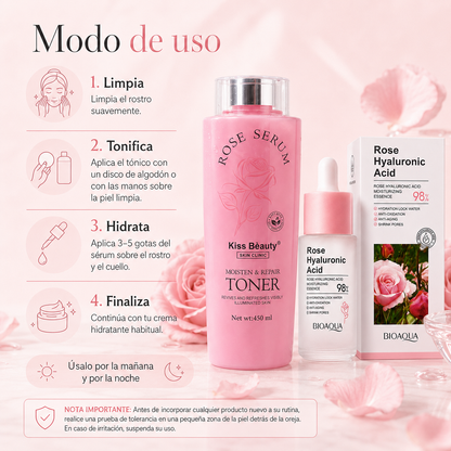 Kit Facial Rosa & Ácido Hialurónico – Tónico + Sérum Hidratante para Piel Luminosa