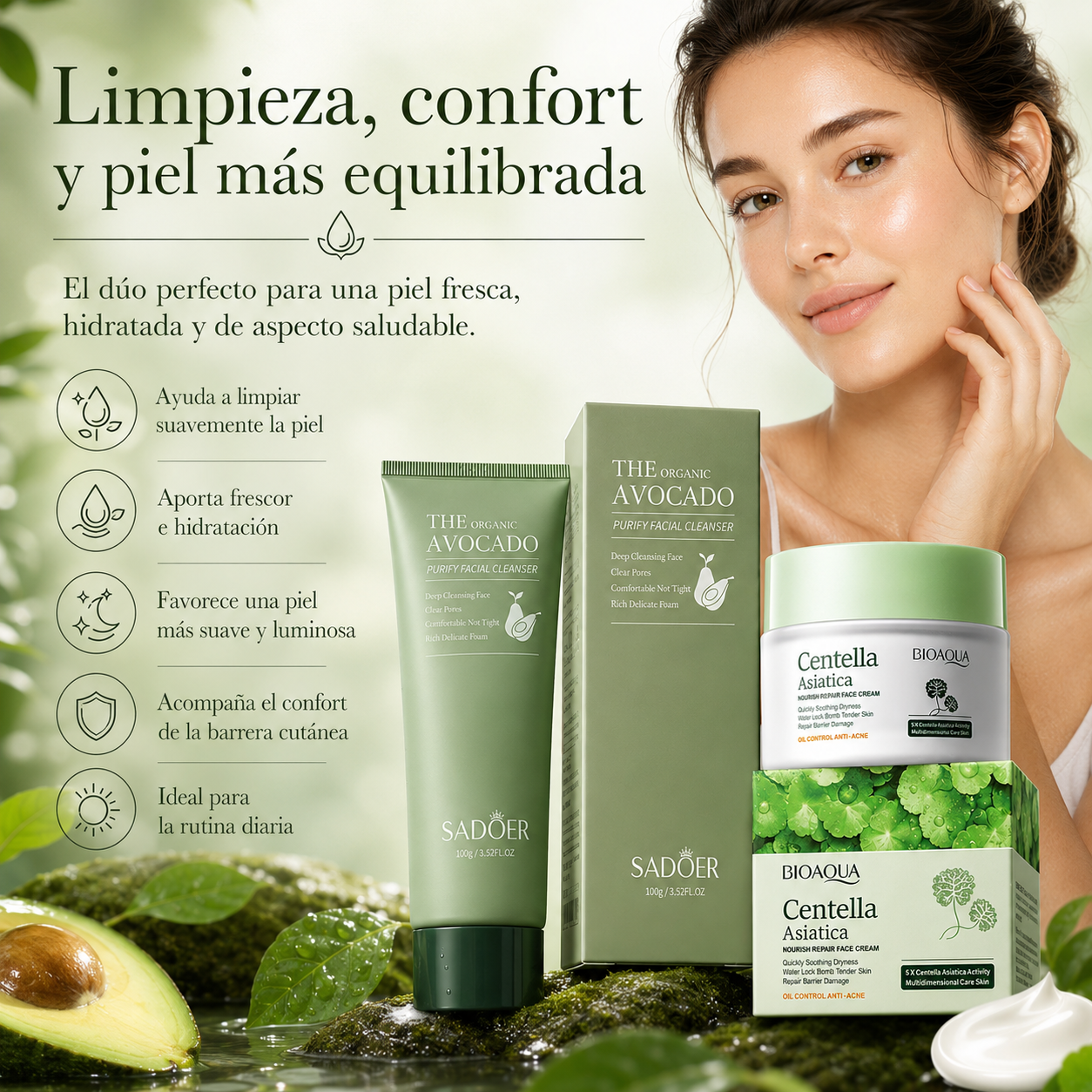 Kit Facial Aguacate & Centella Asiática – Limpieza, Hidratación y Confort