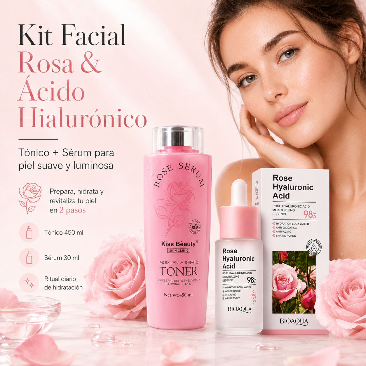 Hidratante de Rosa con Ácido Hialurónico 30 ml | Piel Suave y Luminosa