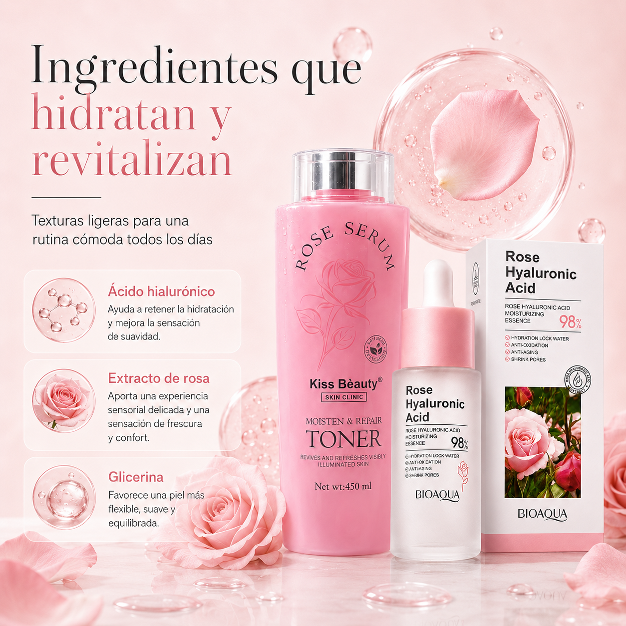 Hidratante de Rosa con Ácido Hialurónico 30 ml | Piel Suave y Luminosa
