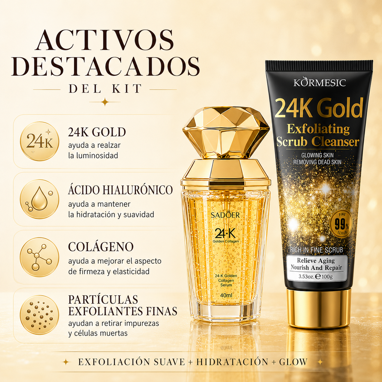 Kit Gold Glow Antiedad | Exfoliante Facial KORMESIC 24K Gold 100 g + Sérum SADOER 24K Golden Collagen 40 ml