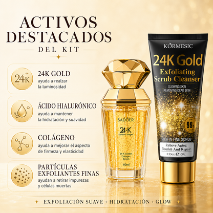 Kit Gold Glow Antiedad | Exfoliante Facial KORMESIC 24K Gold 100 g + Sérum SADOER 24K Golden Collagen 40 ml