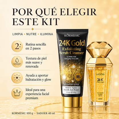 Kit Gold Glow Antiedad | Exfoliante Facial KORMESIC 24K Gold 100 g + Sérum SADOER 24K Golden Collagen 40 ml