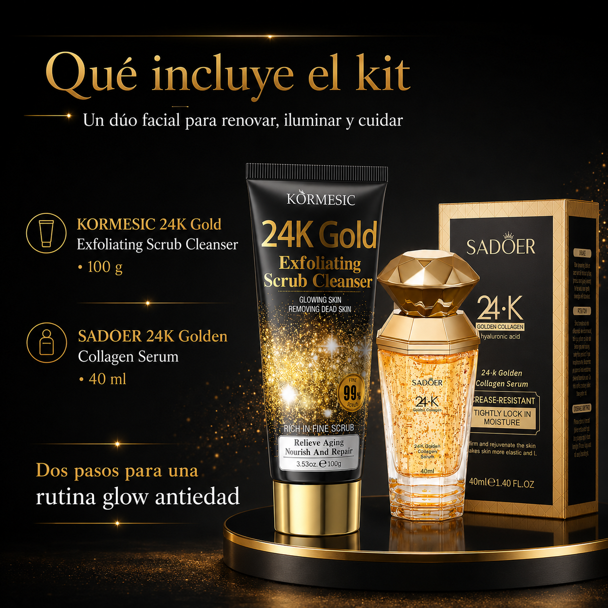 Kit Gold Glow Antiedad | Exfoliante Facial KORMESIC 24K Gold 100 g + Sérum SADOER 24K Golden Collagen 40 ml