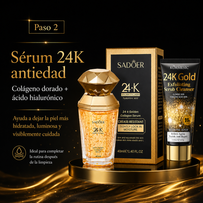 Kit Gold Glow Antiedad | Exfoliante Facial KORMESIC 24K Gold 100 g + Sérum SADOER 24K Golden Collagen 40 ml