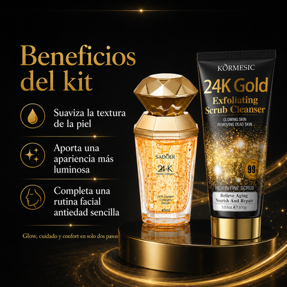 Kit Gold Glow Antiedad | Exfoliante Facial KORMESIC 24K Gold 100 g + Sérum SADOER 24K Golden Collagen 40 ml