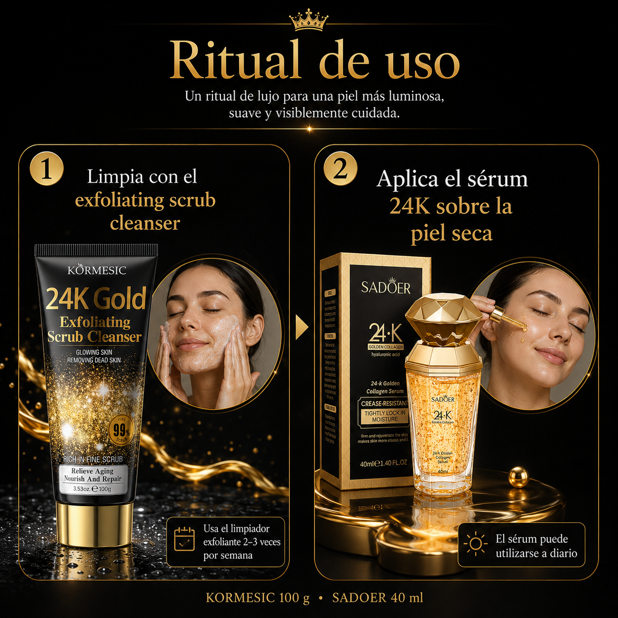 Kit Gold Glow Antiedad | Exfoliante Facial KORMESIC 24K Gold 100 g + Sérum SADOER 24K Golden Collagen 40 ml