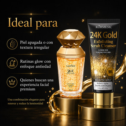 Kit Gold Glow Antiedad | Exfoliante Facial KORMESIC 24K Gold 100 g + Sérum SADOER 24K Golden Collagen 40 ml