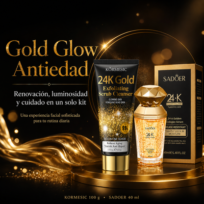 Kit Gold Glow Antiedad | Exfoliante Facial KORMESIC 24K Gold 100 g + Sérum SADOER 24K Golden Collagen 40 ml