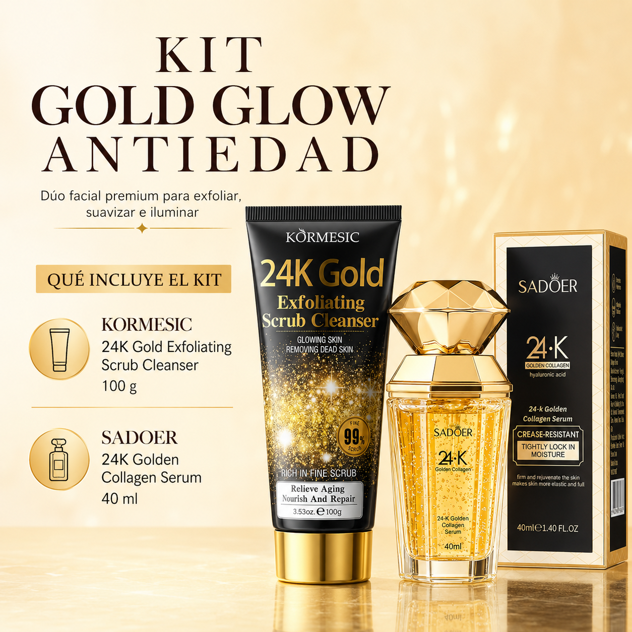 Kit Gold Glow Antiedad | Exfoliante Facial KORMESIC 24K Gold 100 g + Sérum SADOER 24K Golden Collagen 40 ml