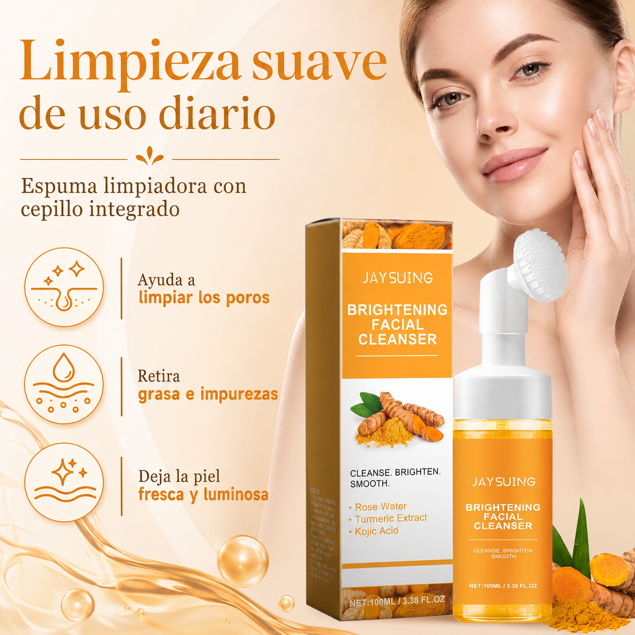 Espuma Limpiadora Facial Iluminadora JAYSUING con Ácido Kójico y Cúrcuma, Espuma Limpiadora con Cepillo, para Piel Fresca, Suave y Luminosa, 100 ml