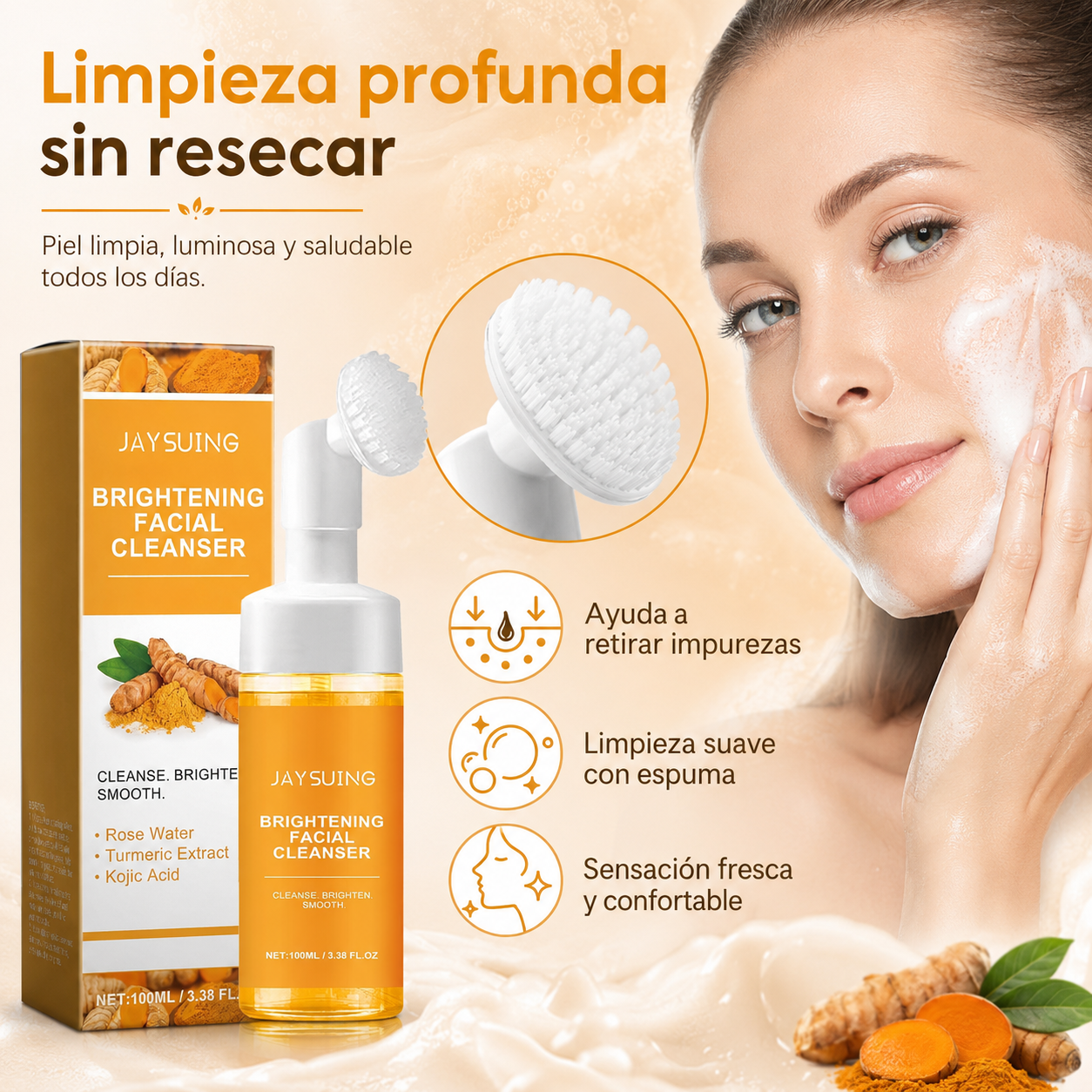 Espuma Limpiadora Facial Iluminadora JAYSUING con Ácido Kójico y Cúrcuma, Espuma Limpiadora con Cepillo, para Piel Fresca, Suave y Luminosa, 100 ml
