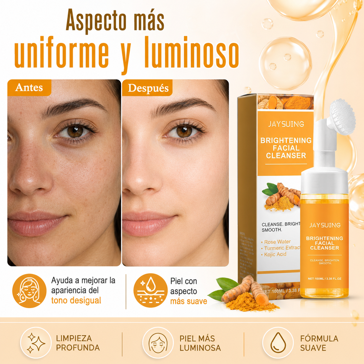 Espuma Limpiadora Facial Iluminadora JAYSUING con Ácido Kójico y Cúrcuma, Espuma Limpiadora con Cepillo, para Piel Fresca, Suave y Luminosa, 100 ml