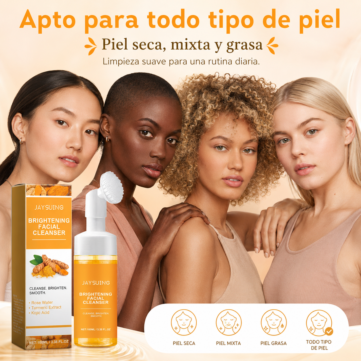 Espuma Limpiadora Facial Iluminadora JAYSUING con Ácido Kójico y Cúrcuma, Espuma Limpiadora con Cepillo, para Piel Fresca, Suave y Luminosa, 100 ml